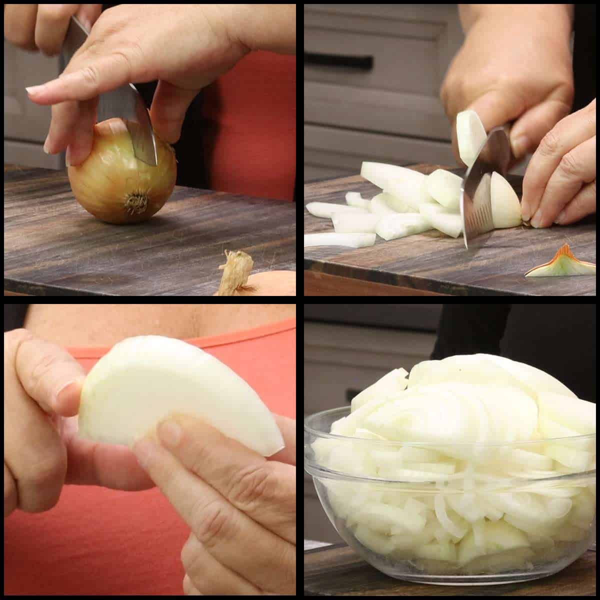 cutting the onions for french onion pasta.
