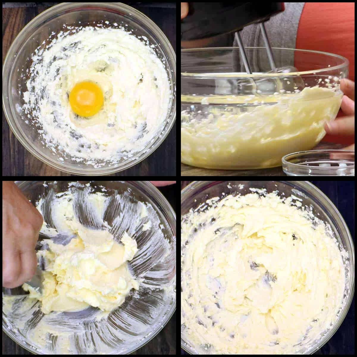 beating the egg into the butter mixture until it is light and fluffy.