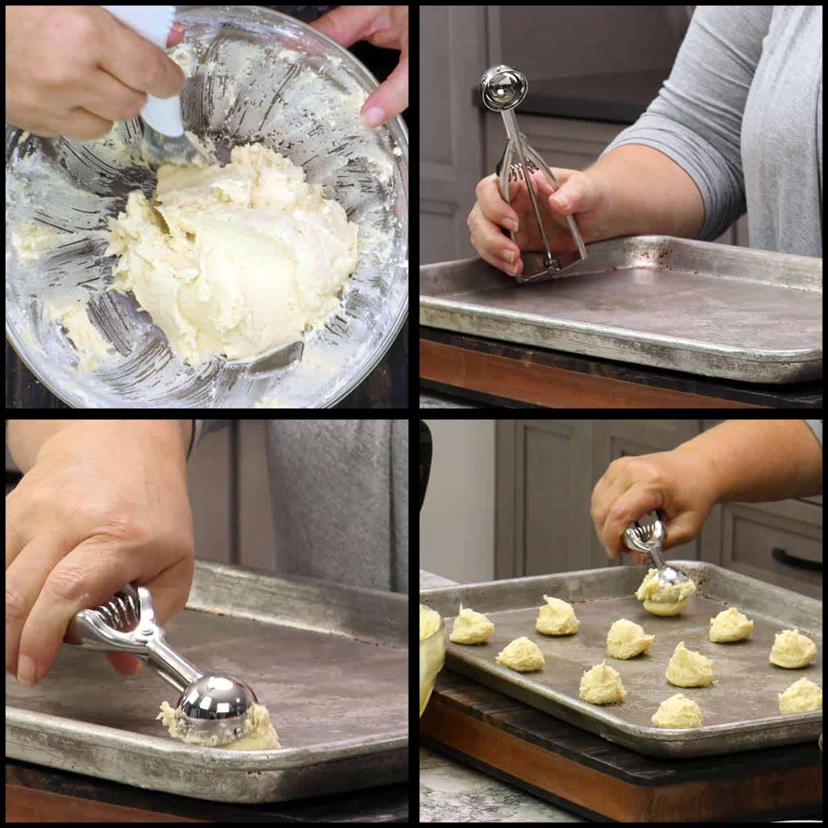 scooping cookies onto sheet pan.