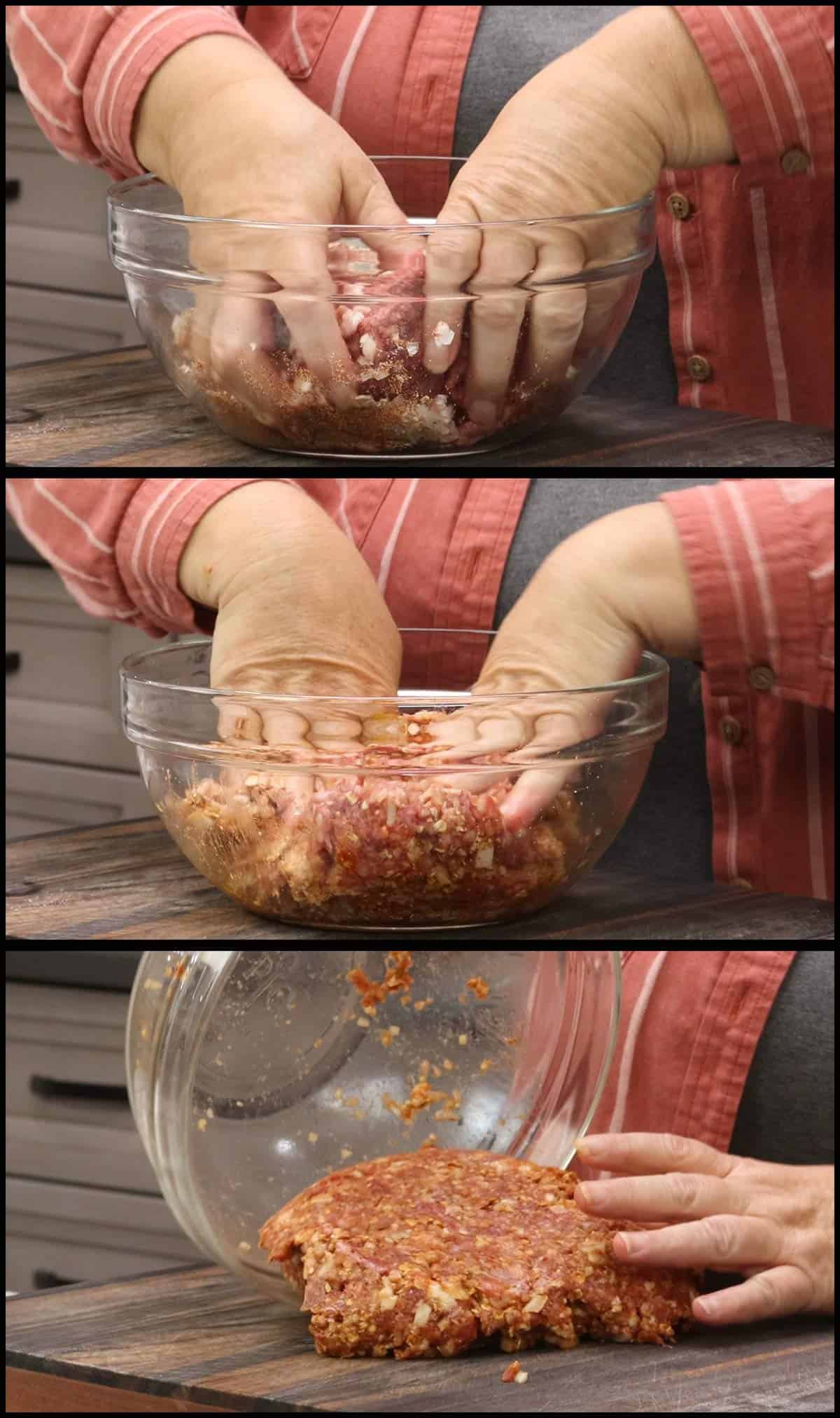 mixing the meatloaf mixture in the bowl.