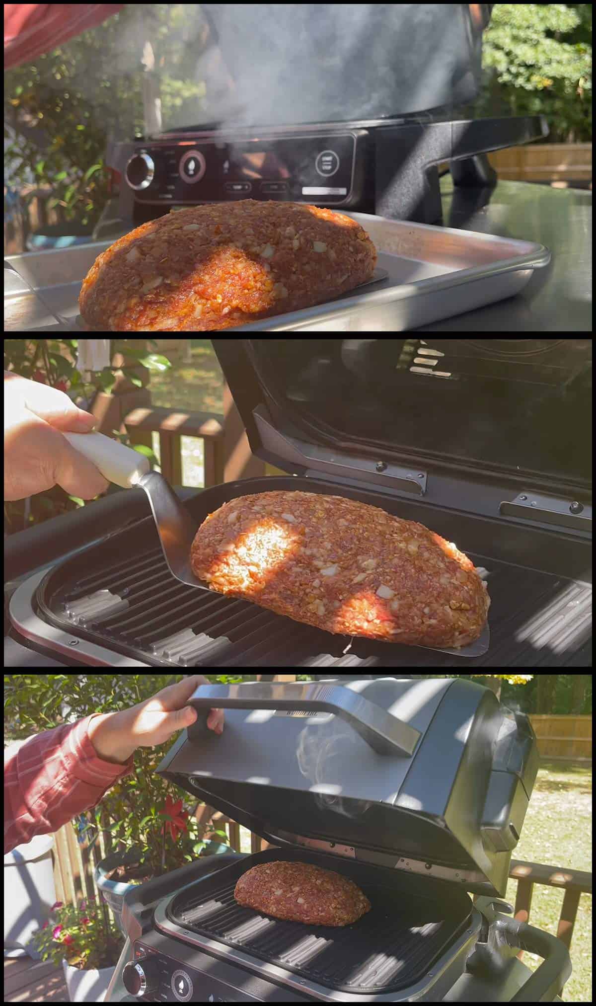 putting the meatloaf on the smoker.