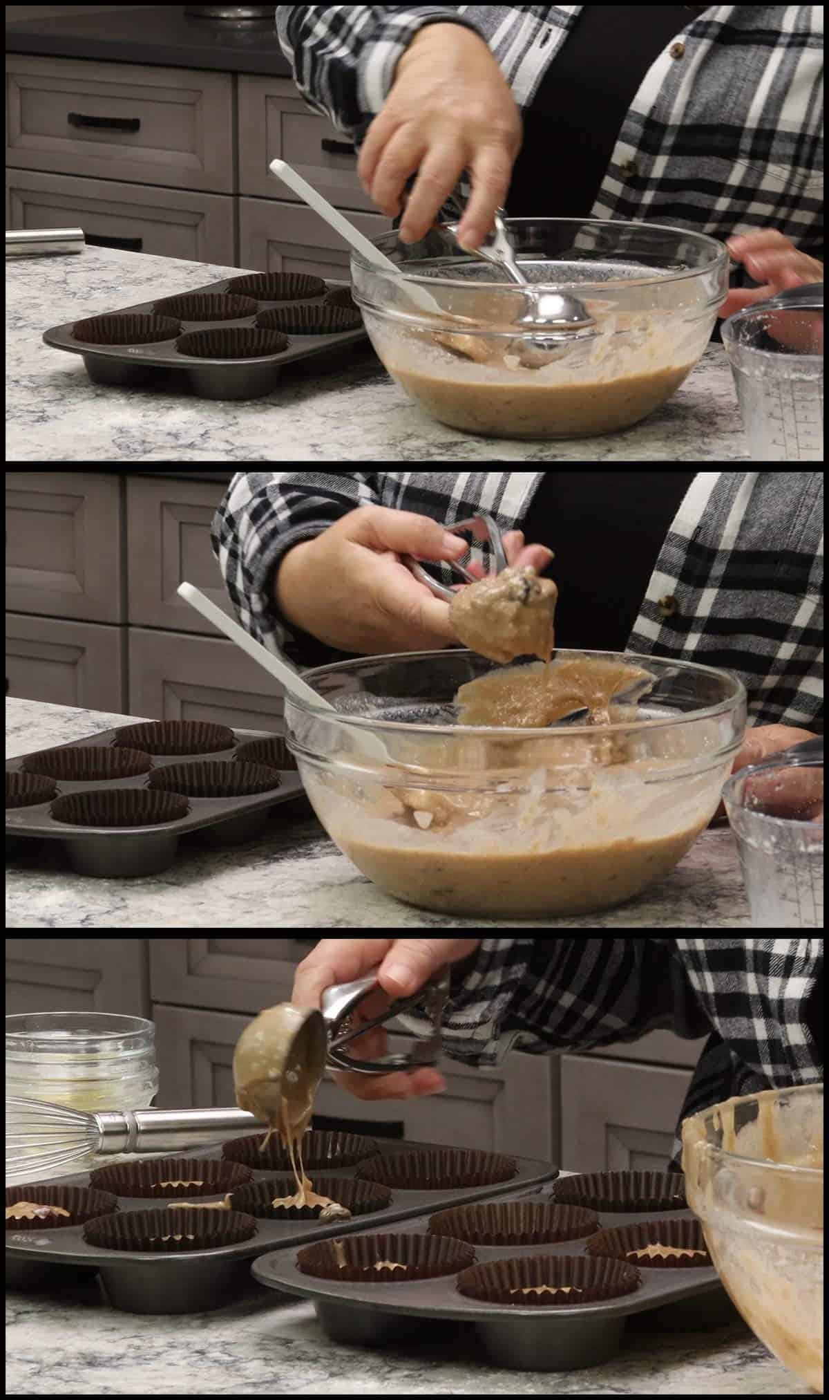 Scooping muffin batter into muffin pan.