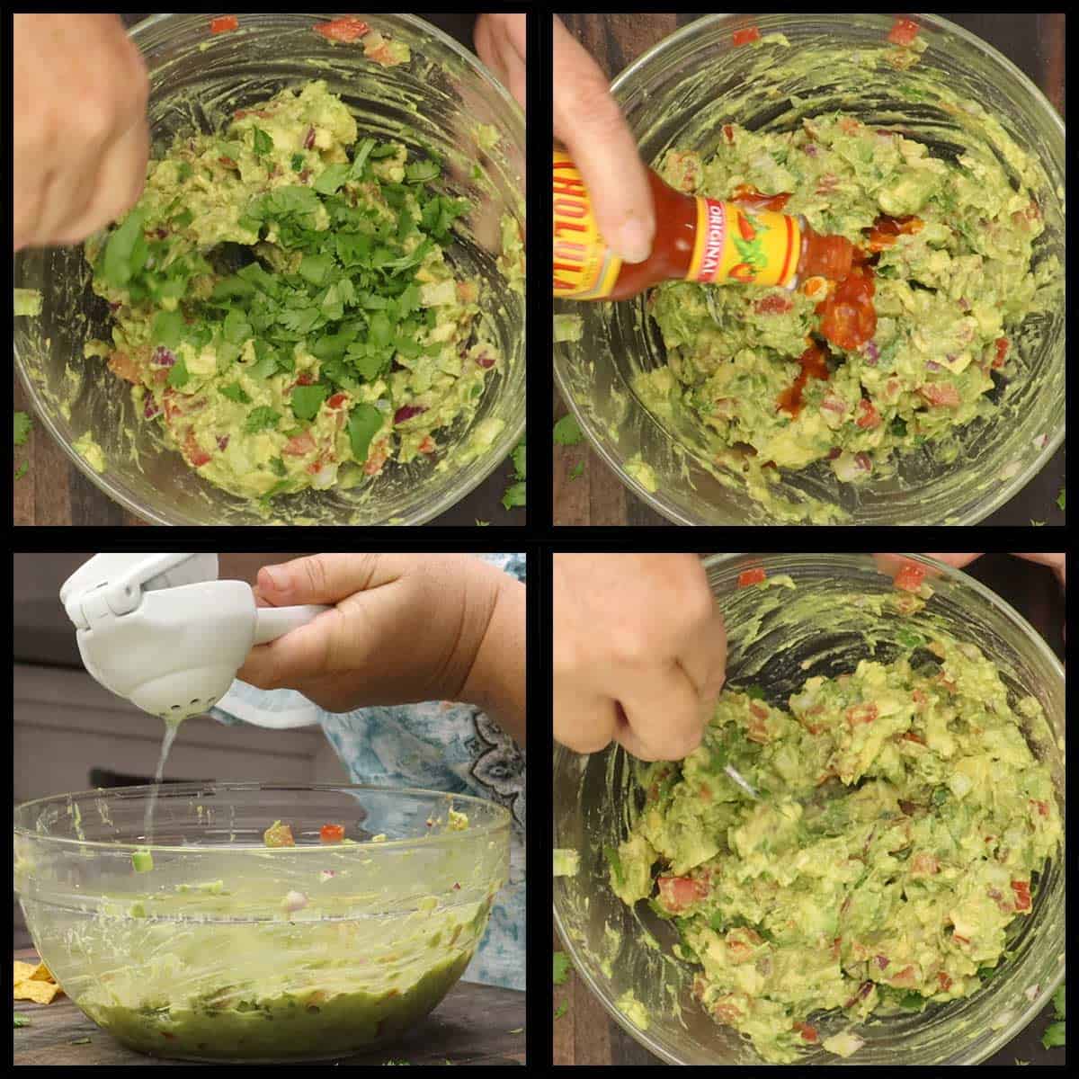 adding cilantro, hot sauce, and extra lime to homemade guacamole.