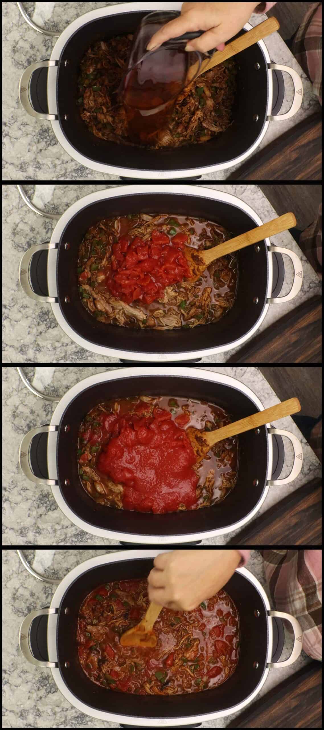 adding tomatoes, tomato sauce and stock to chili.
