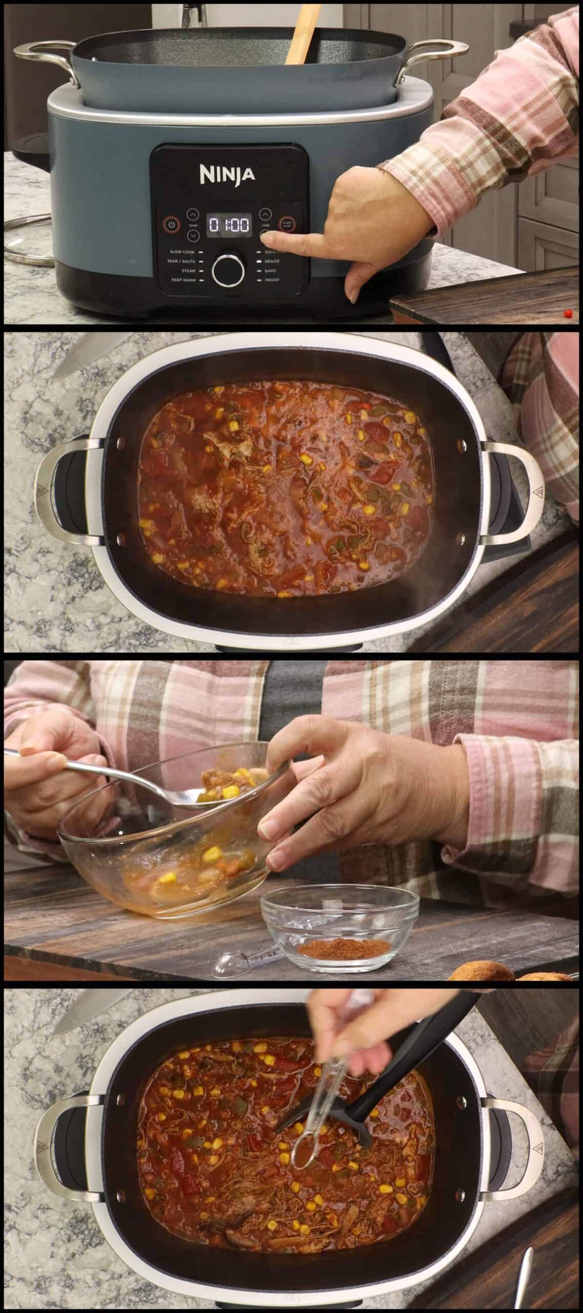 braising pulled pork chili in Ninja Possible Pro Cooker and tasting to adjust seasonings.