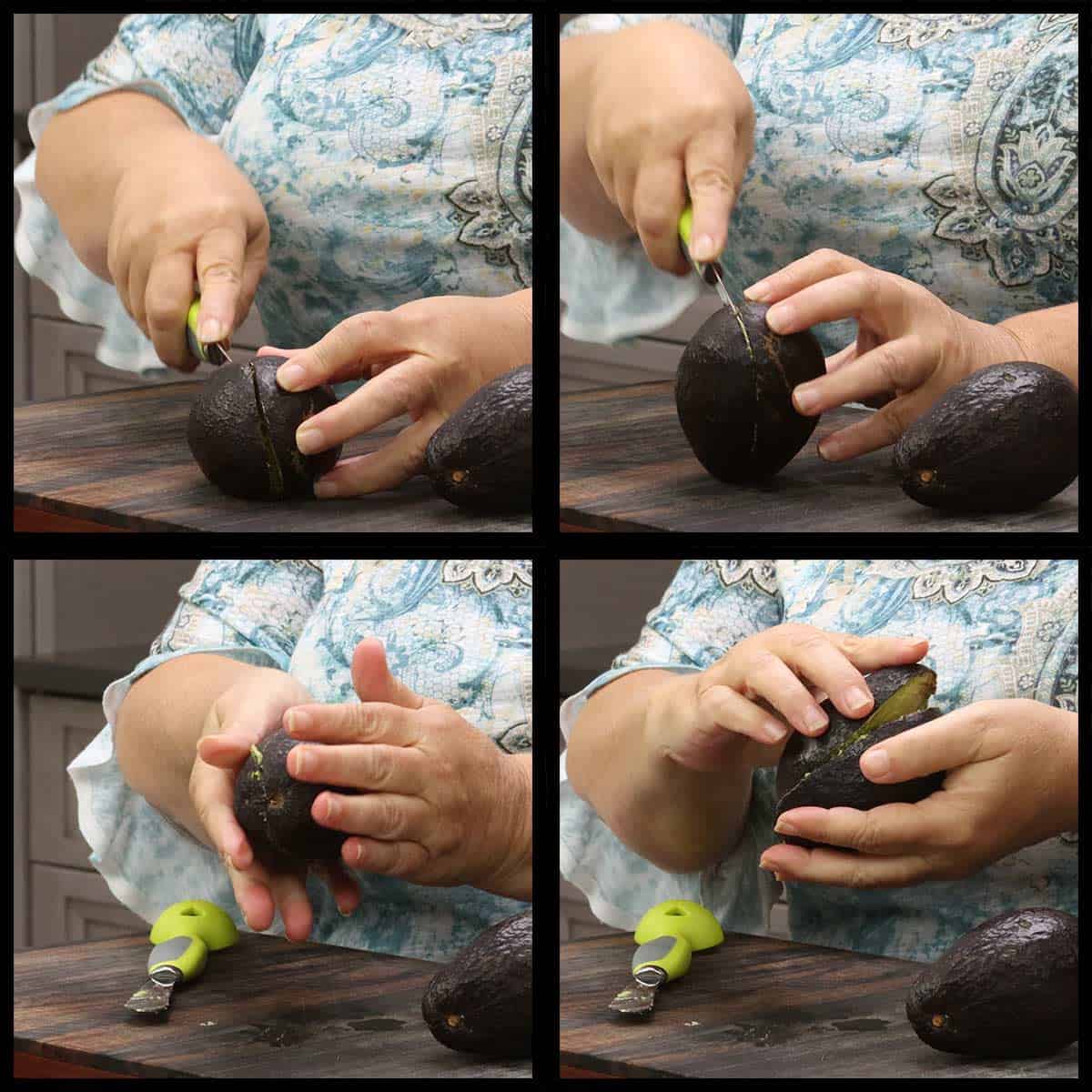 cutting and twisting avocado before dicing.