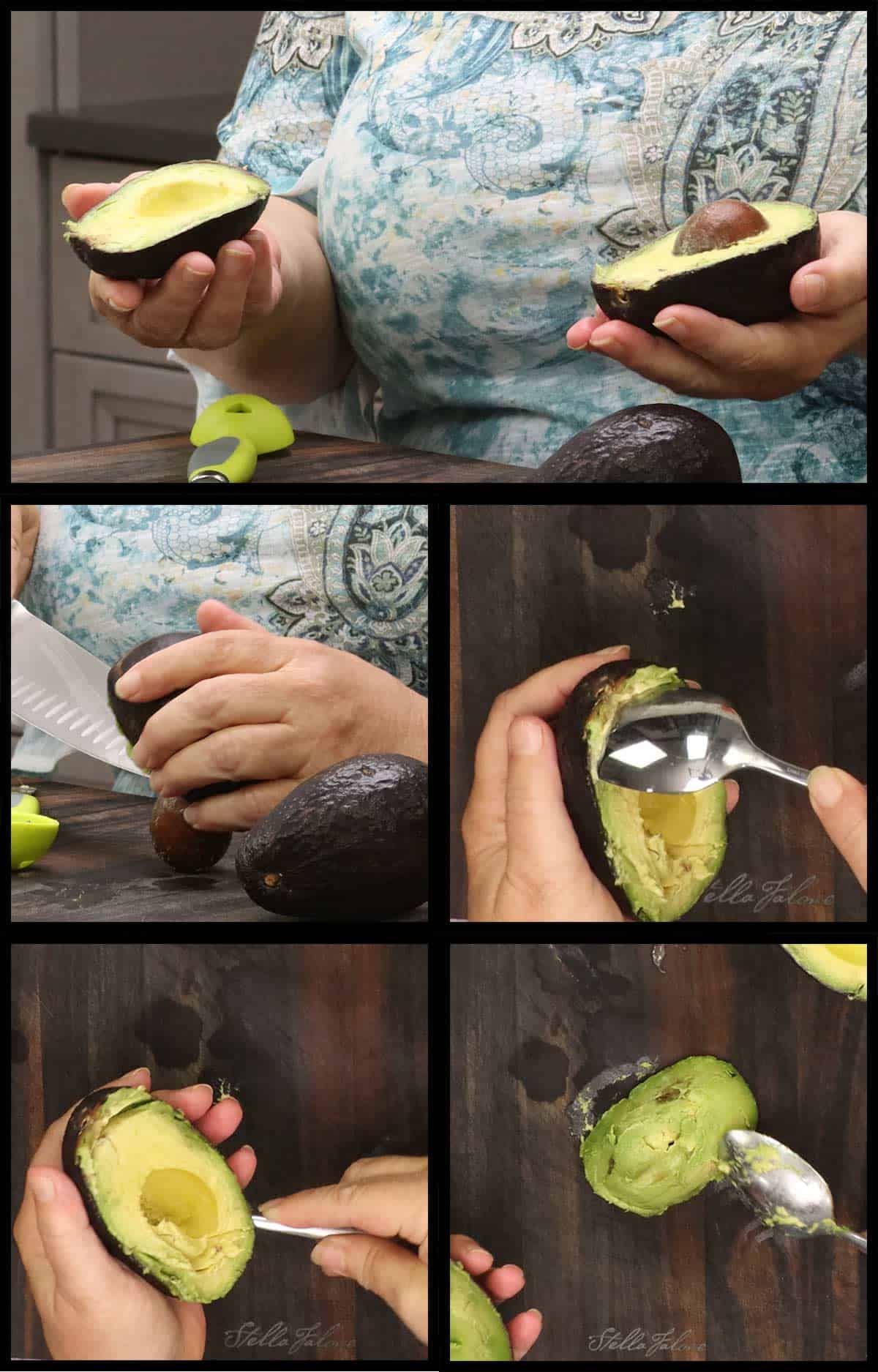 spooning the flesh out of the avocado.