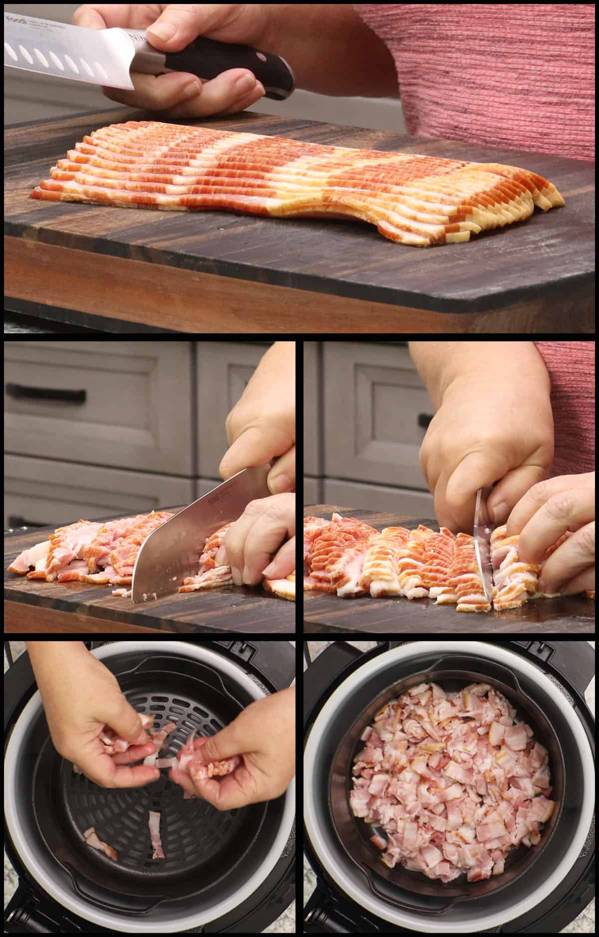 cutting the bacon into strips and separating for air frying.