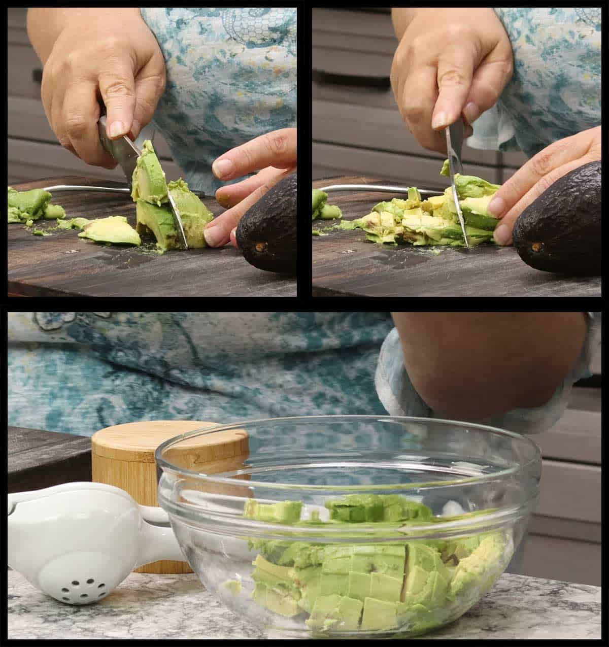 dice the avocado and put it in the bowl. 