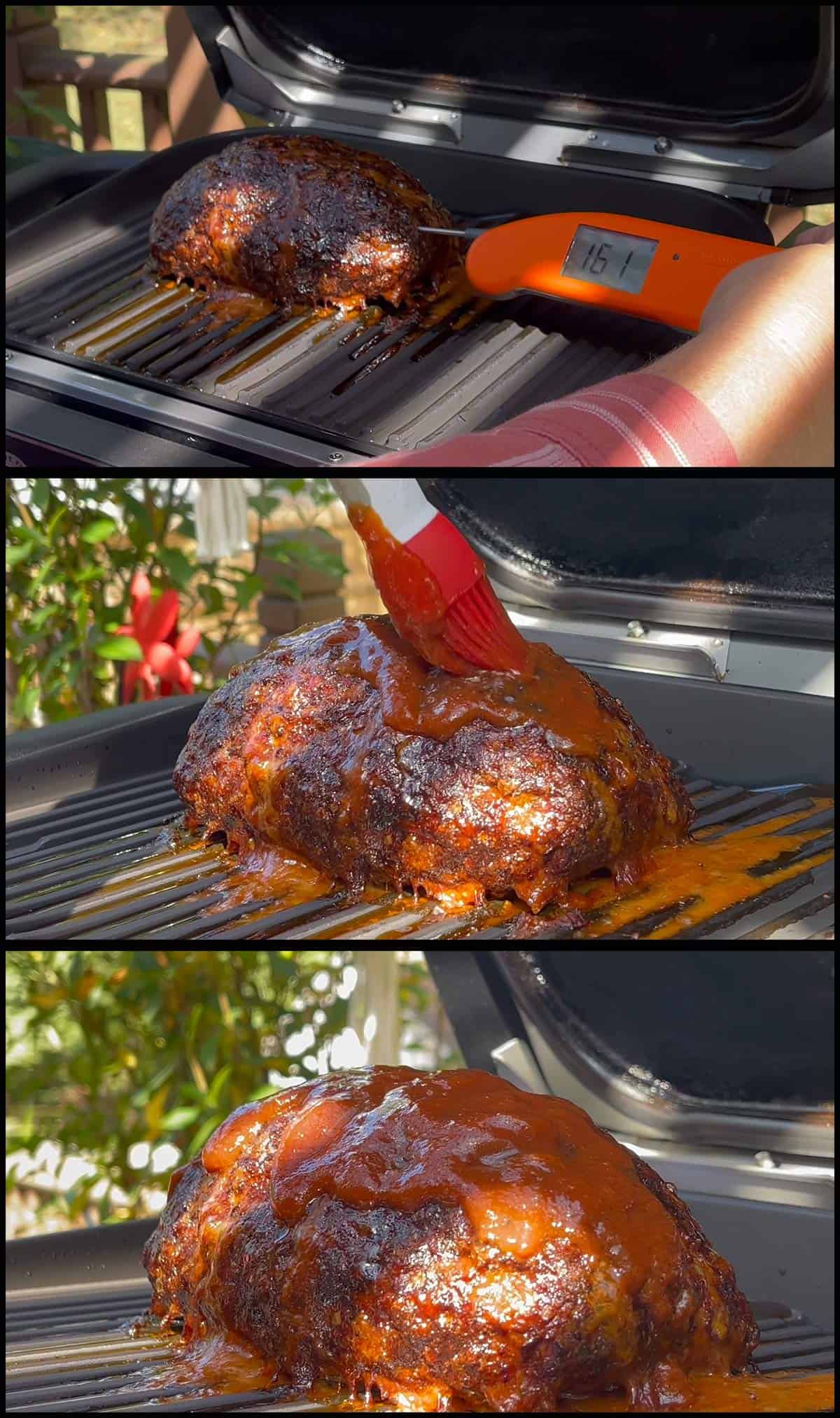 glazing smoked meatloaf on the Ninja Woodfire Grill.