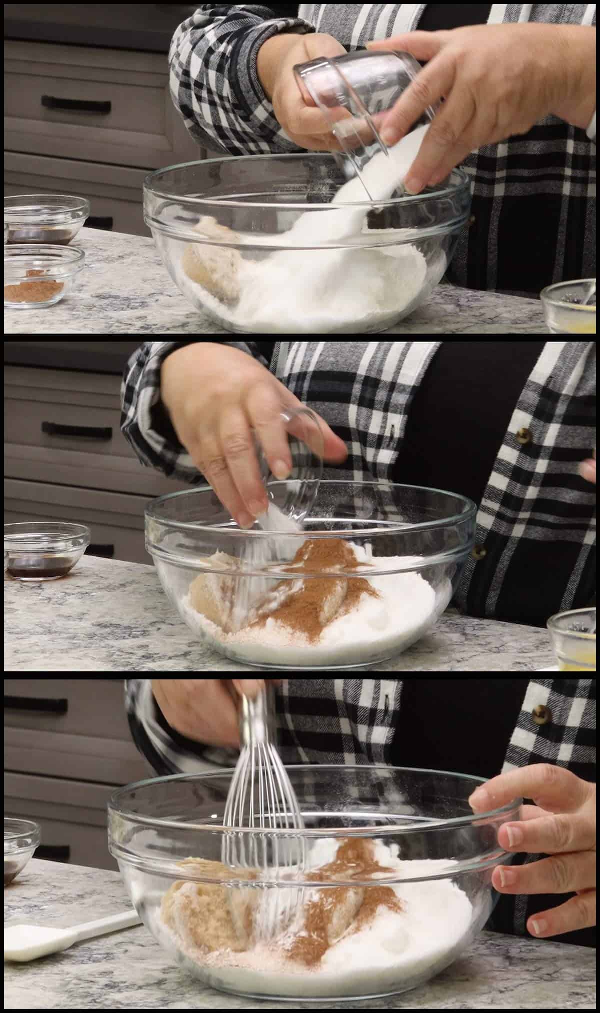 mixing dry ingredients in a large glass mixing bowl.