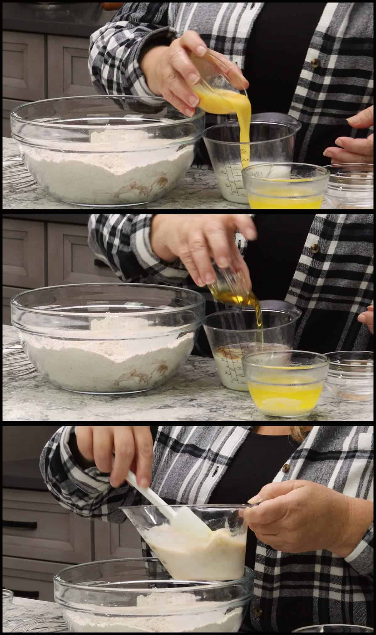 mixing wet ingredients for muffins.