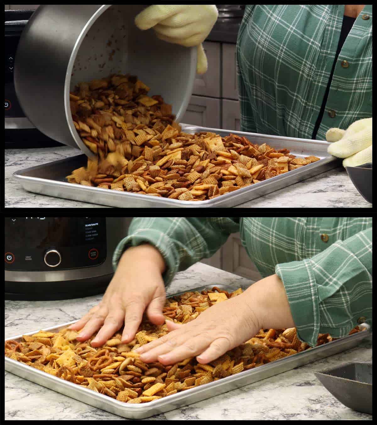 Pouring the Chex mix onto a shallow tray to cool. 