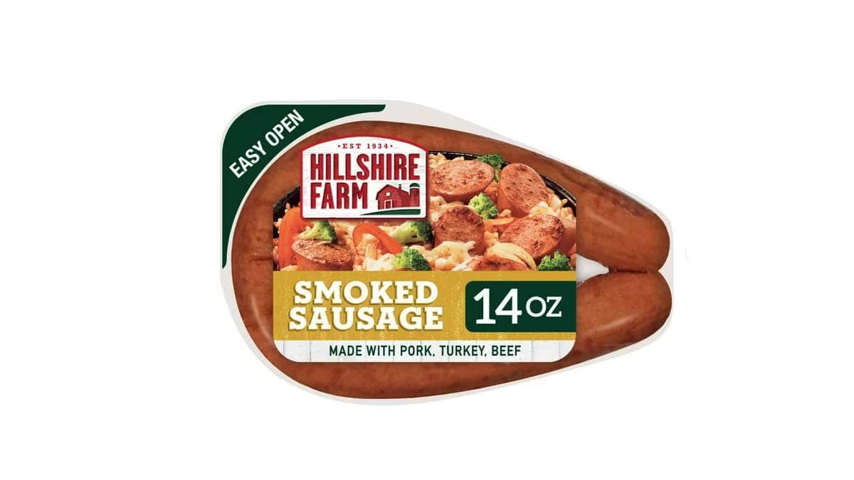 14 ounce package of HIllshire Farm Smoked Sausage.