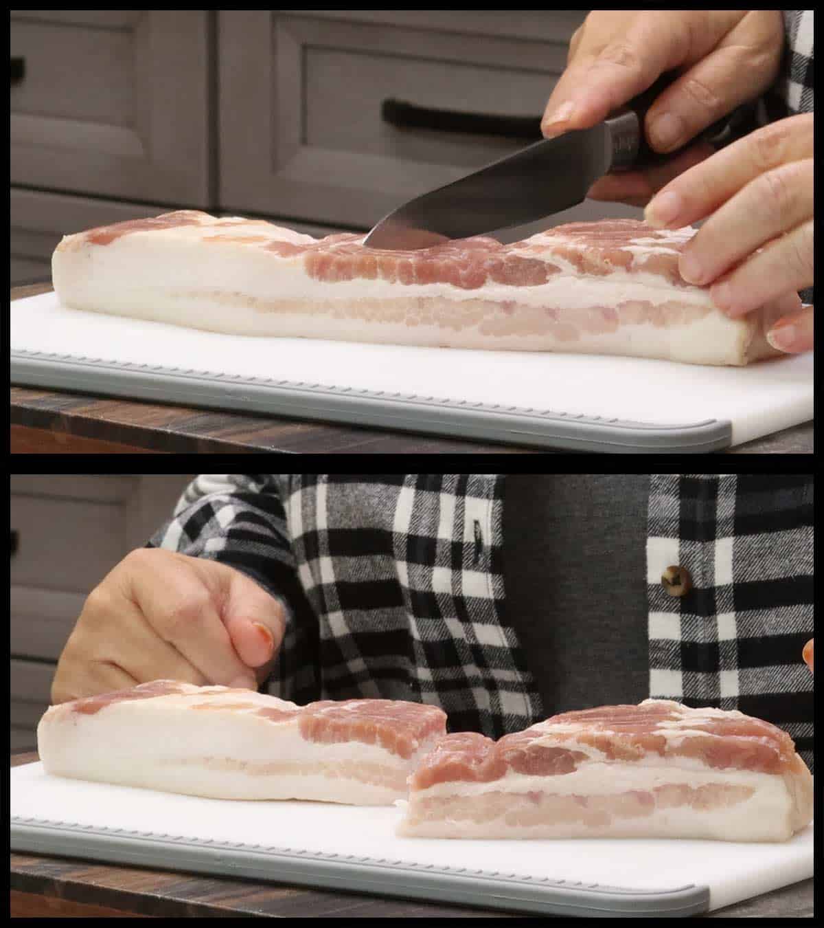 Cutting bacon in half. 