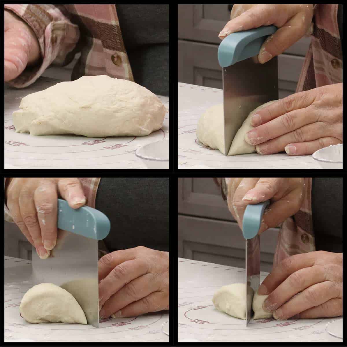 separating dough ball into smaller sections for rolling the ropes.