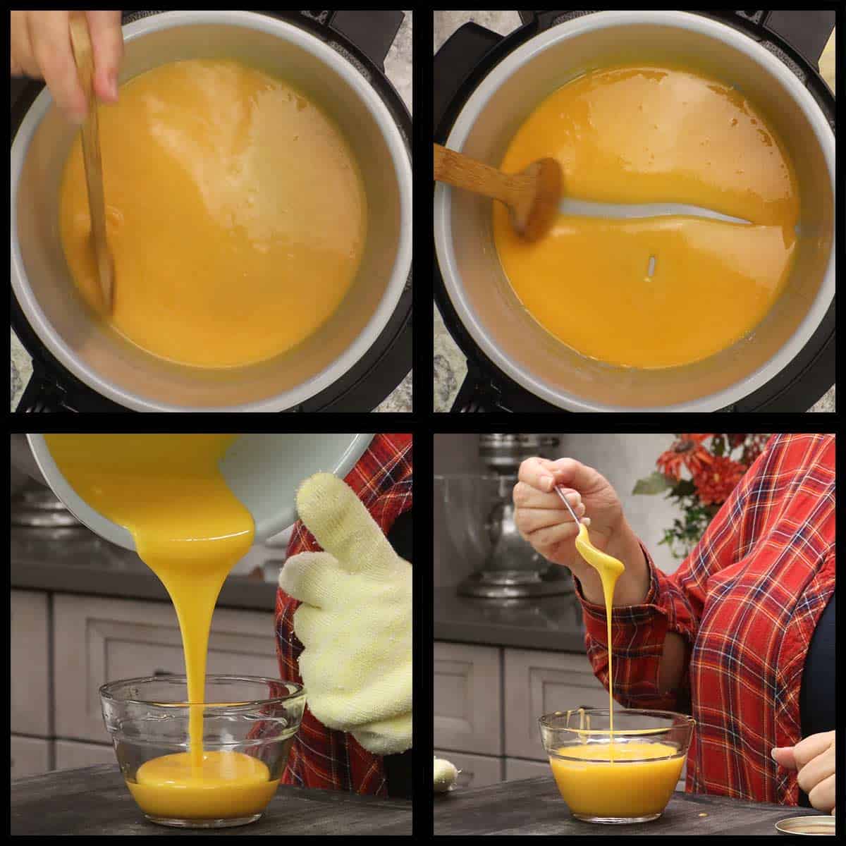smooth cheese sauce finished and being poured into a bowl.