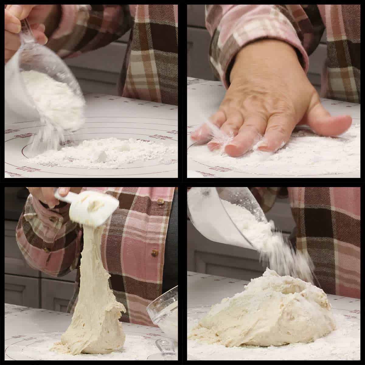 place the sticky dough onto a lightly floured work surface and sprinkling some flour on top. 