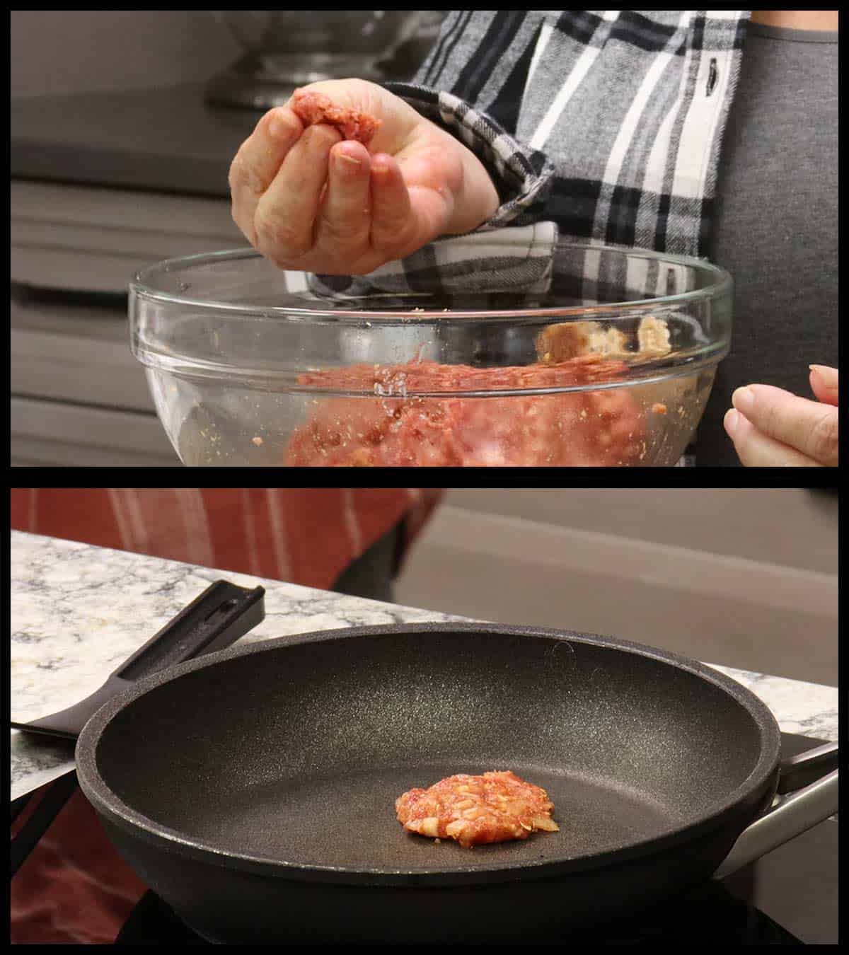 Frying a small amount of the meatball mixture to taste for seasonings.