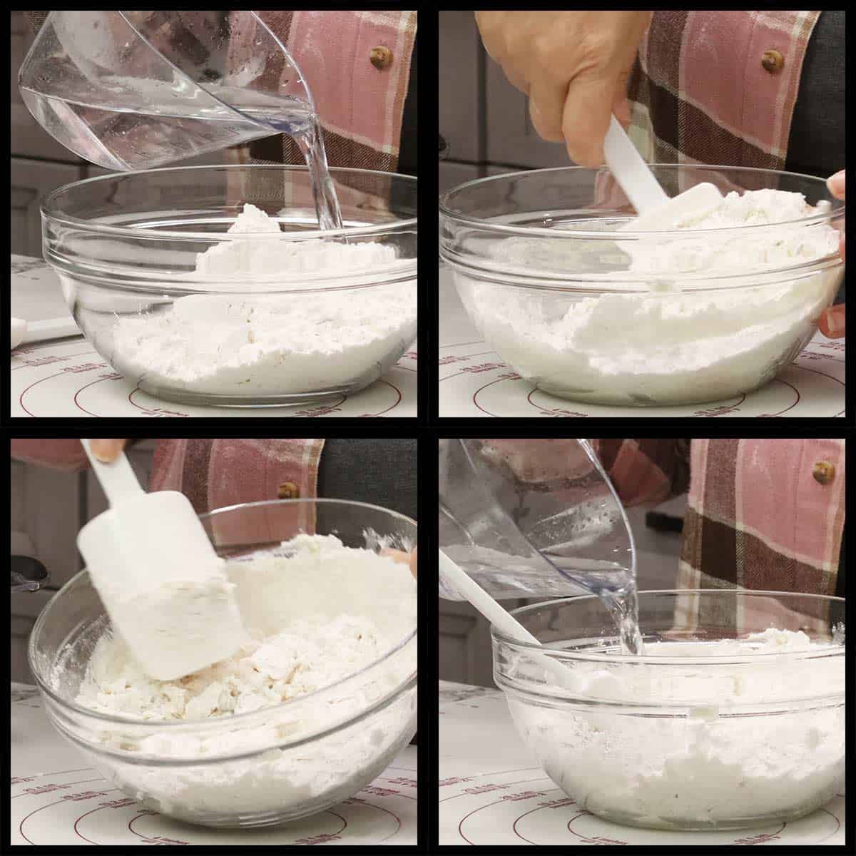 Mixing the water into the flour mixture to make the dough for air fryer pretzel bites.
