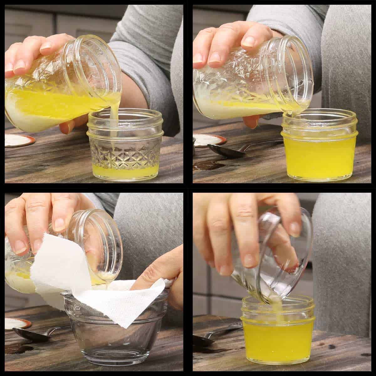 pouring off the butterfat into a separate jar and then straining the rest into a small bowl and then pouring into the jar of clarified butter. 