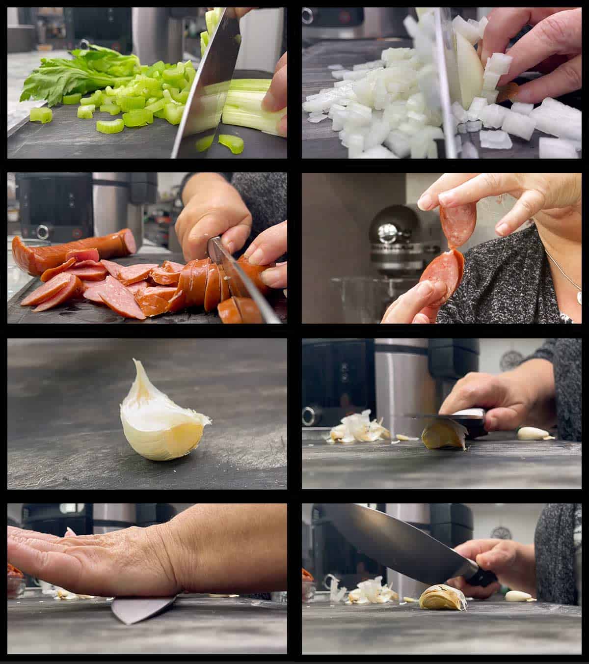 collage of pictures showing the prep stages of cutting celery, onion, sausage, and smashing garlic.