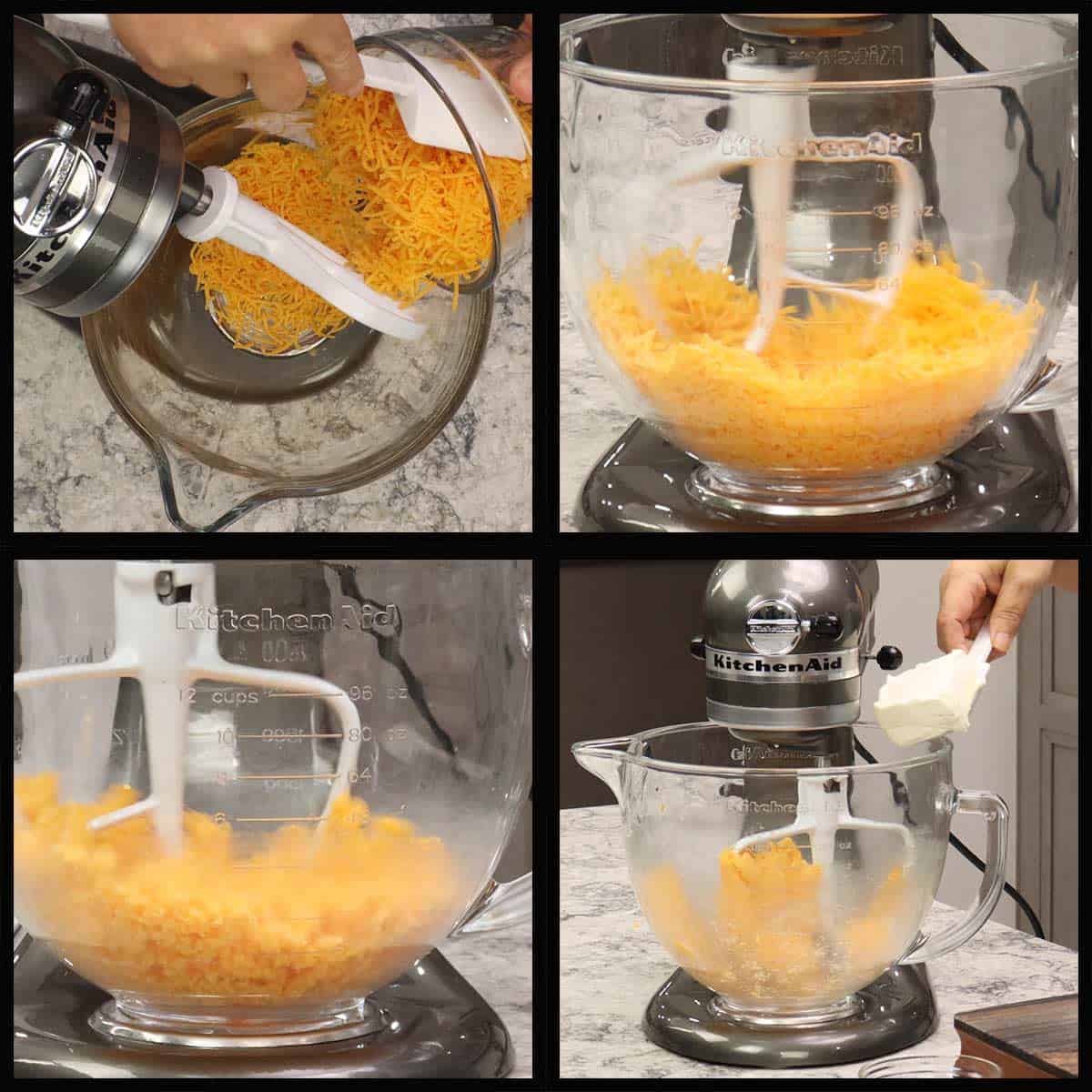 Mixing the cheddar cheese to soften and blend it in a stand mixer.