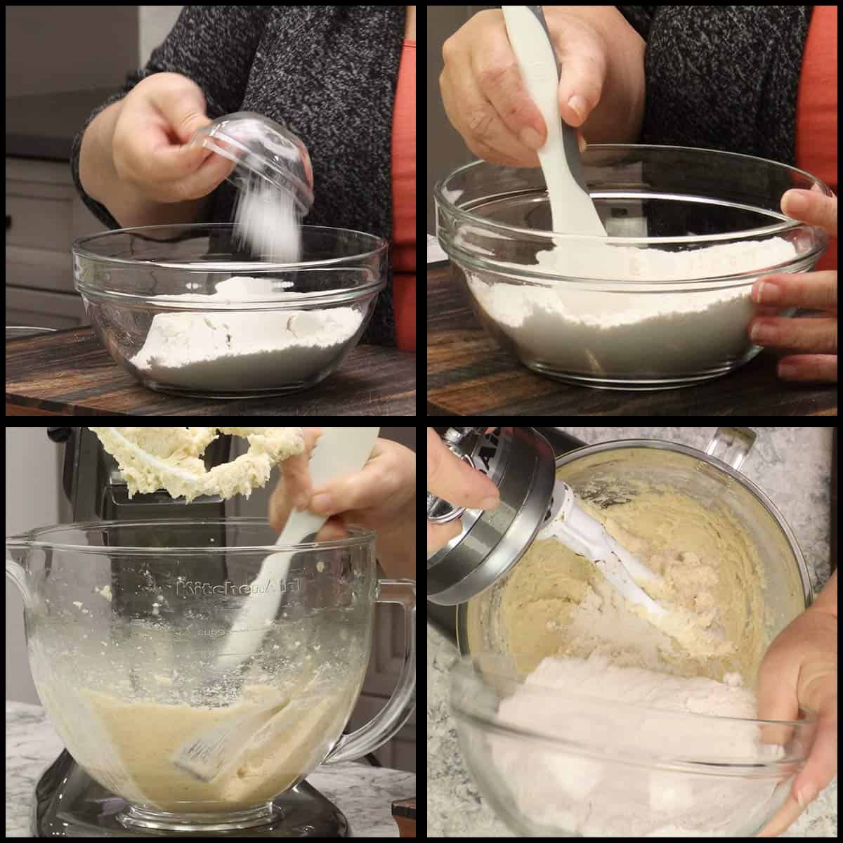 Mixing in part of the flour to the butter and sugar mixture.