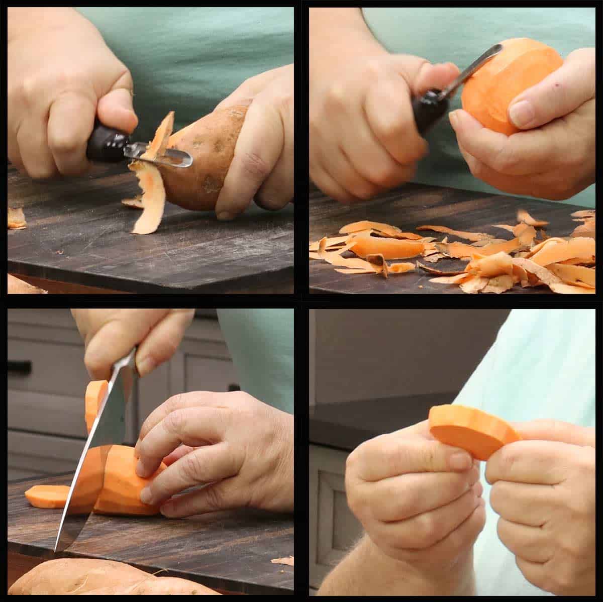 Peeling and slicing sweet potatoes.