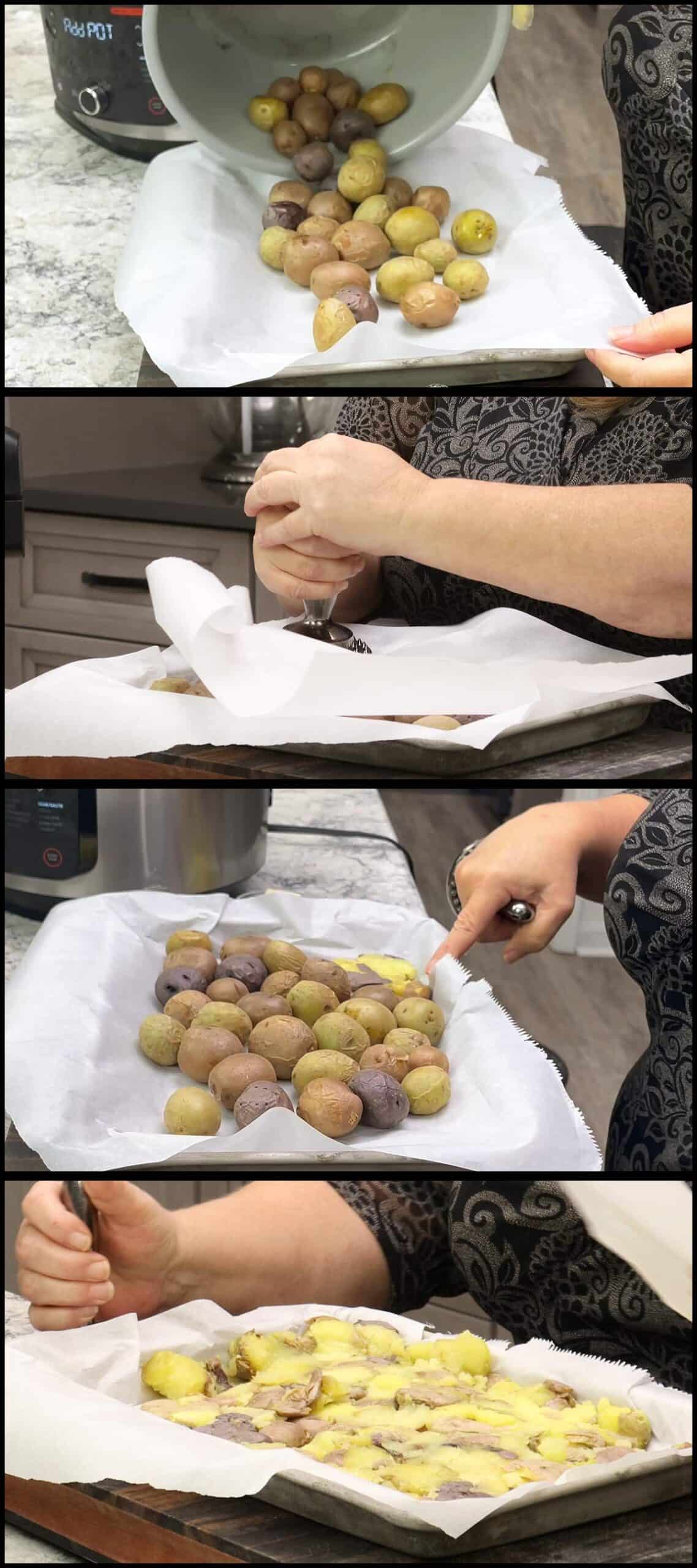 smashing the potatoes on a tray with parchment.