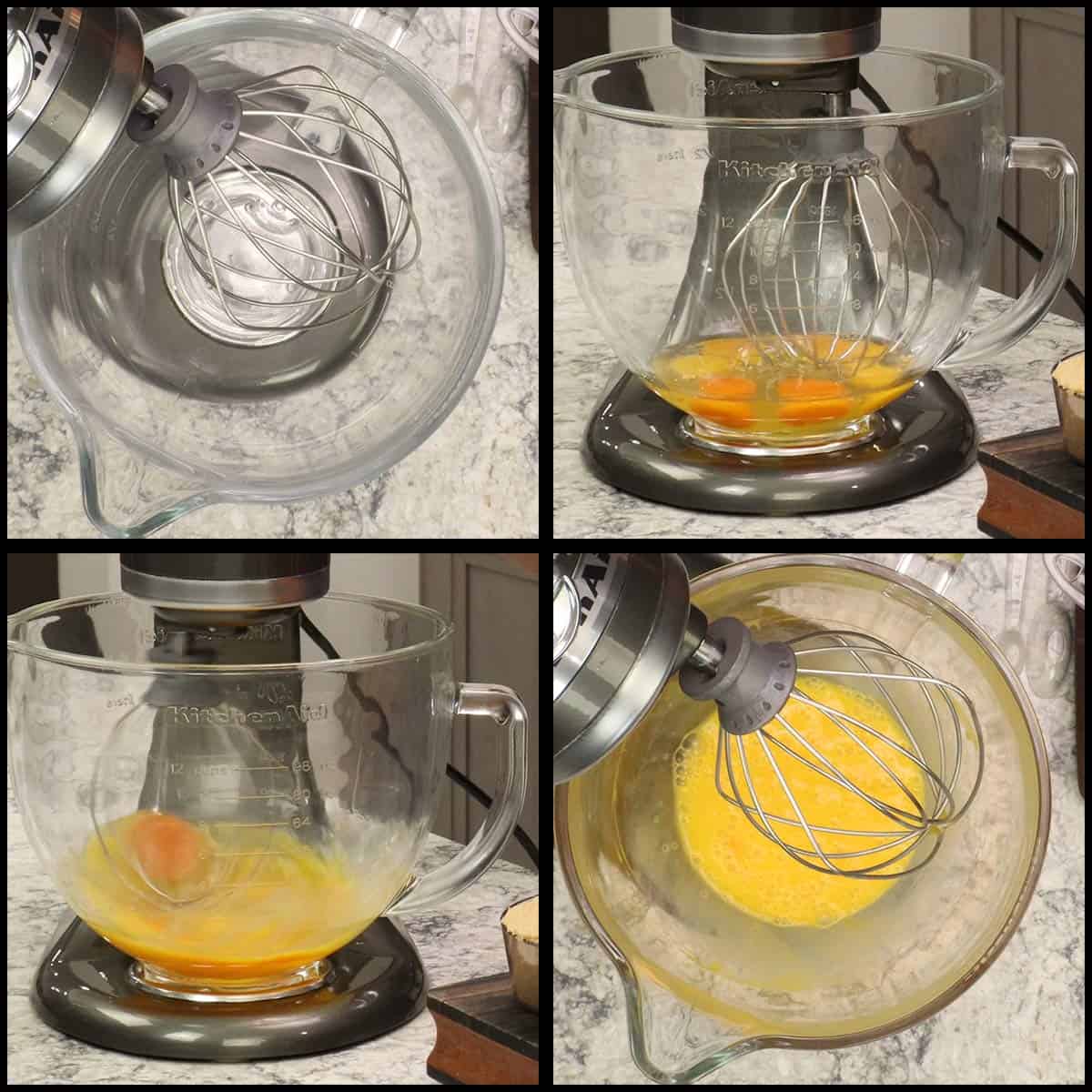 whisking the eggs in a stand mixer for the pumpkin crumble filling.