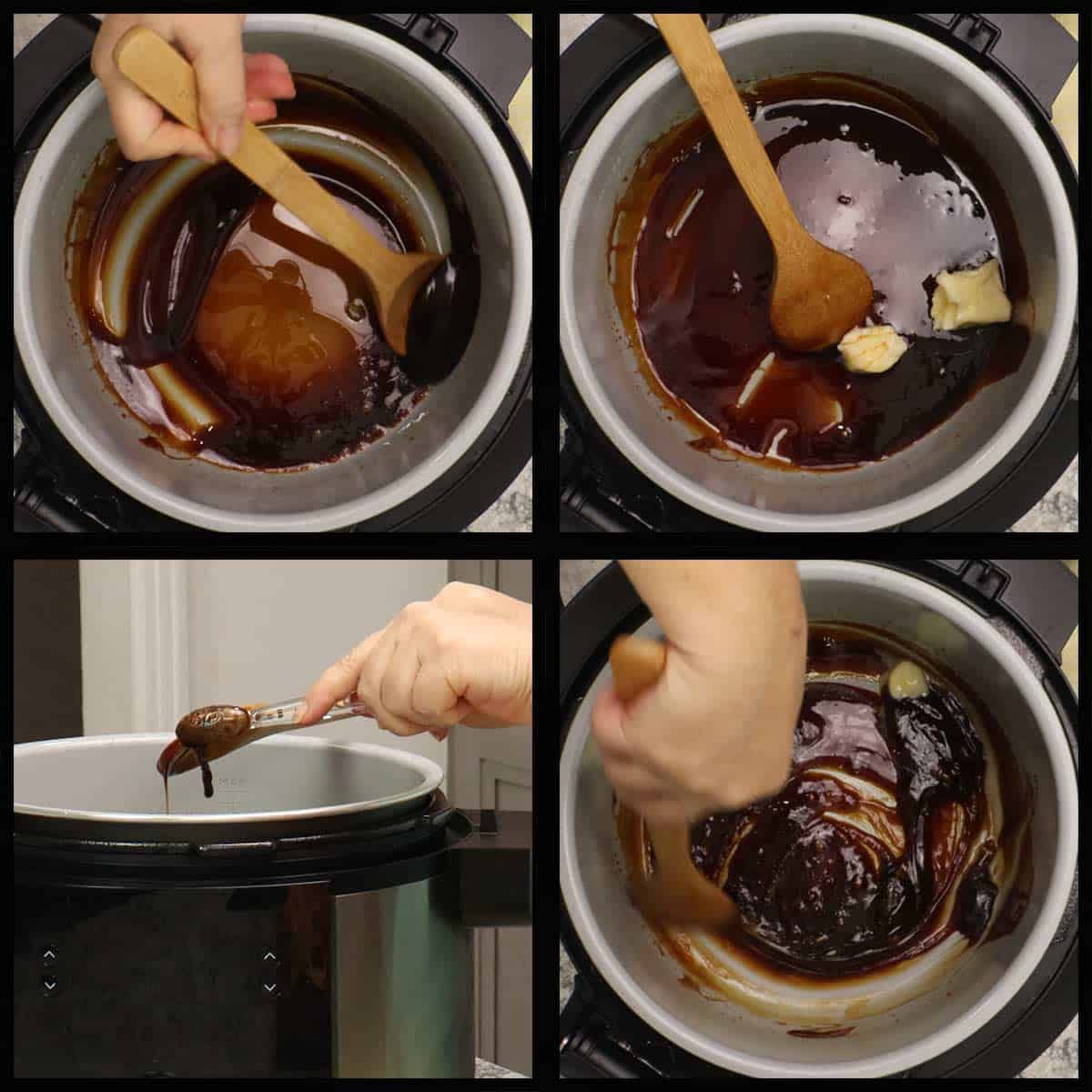 adding butter and vanilla to cooked syrup.

