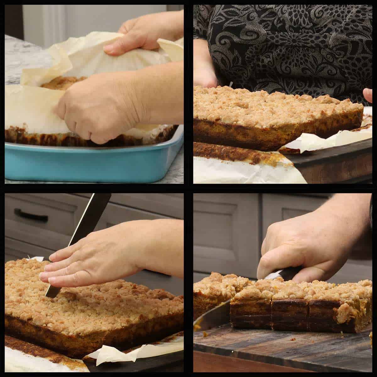 Cutting the cold pumpkin pie crumble into squares.