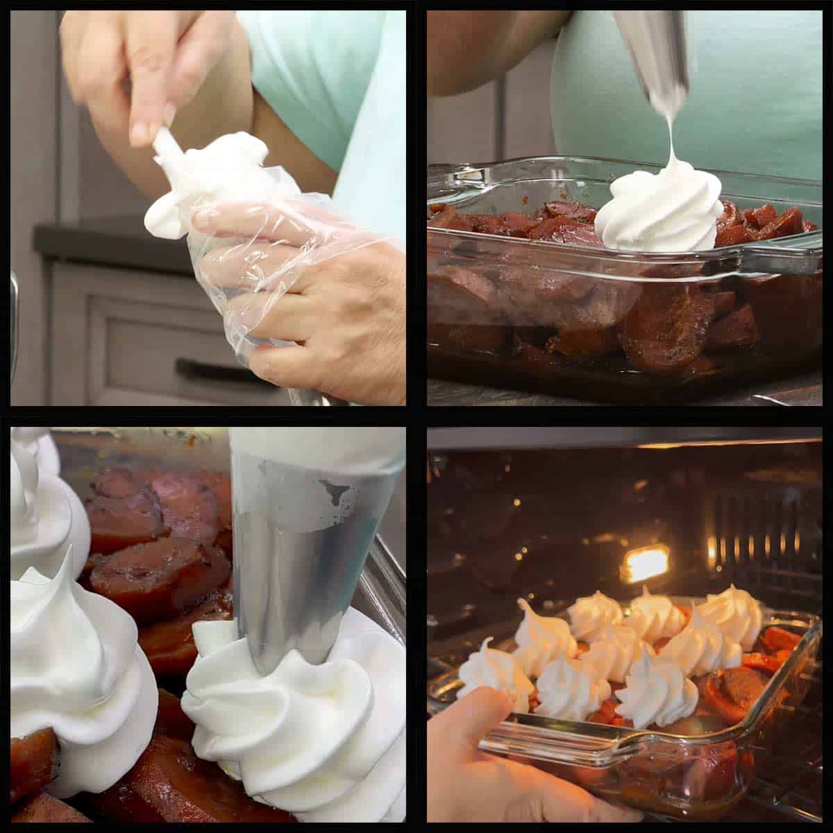 decorating the top of slow cooker candied sweet potatoes with meringue and putting them in the oven to bake.