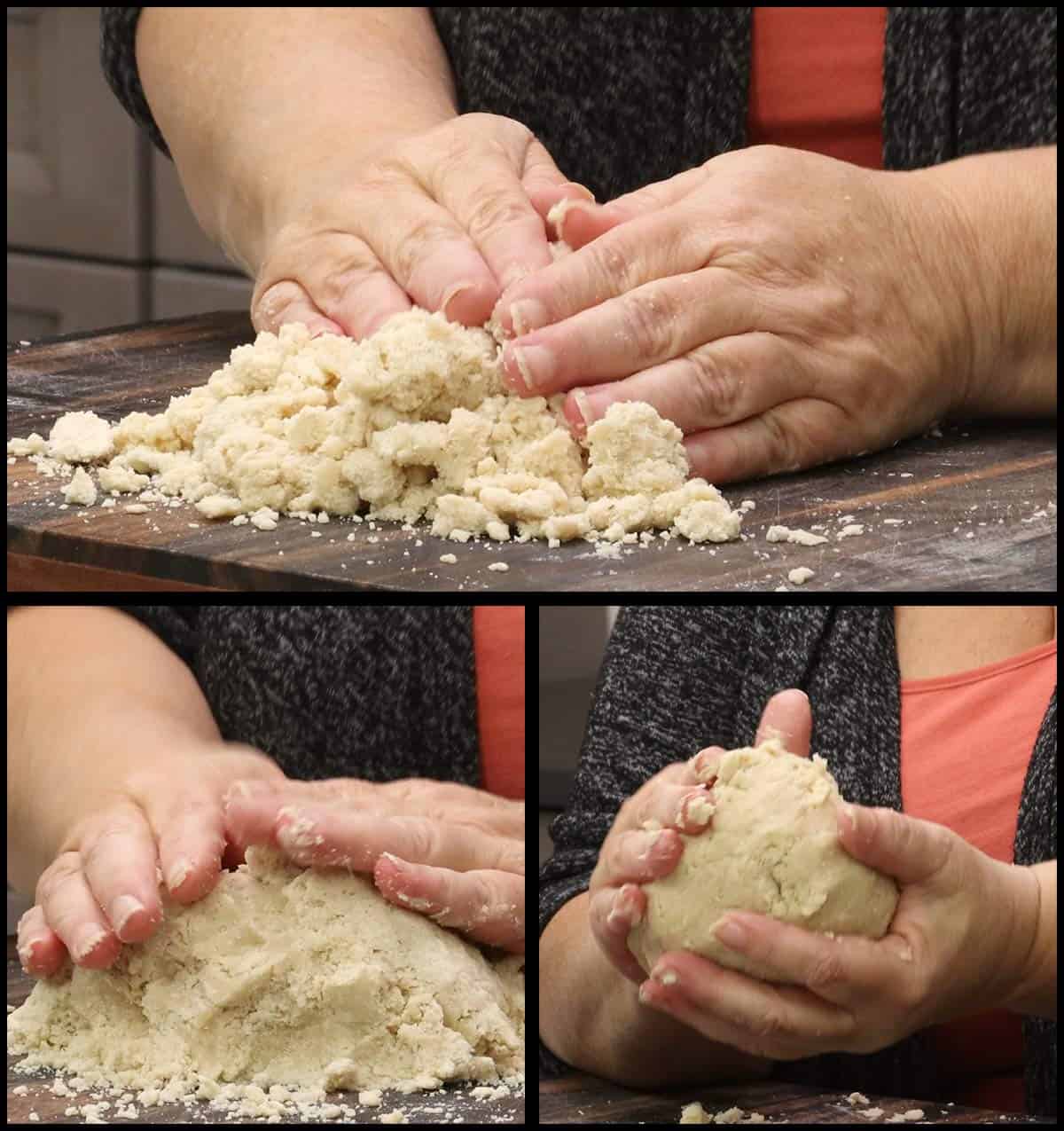 Pressing the shortbread dough together on a cutting board. 