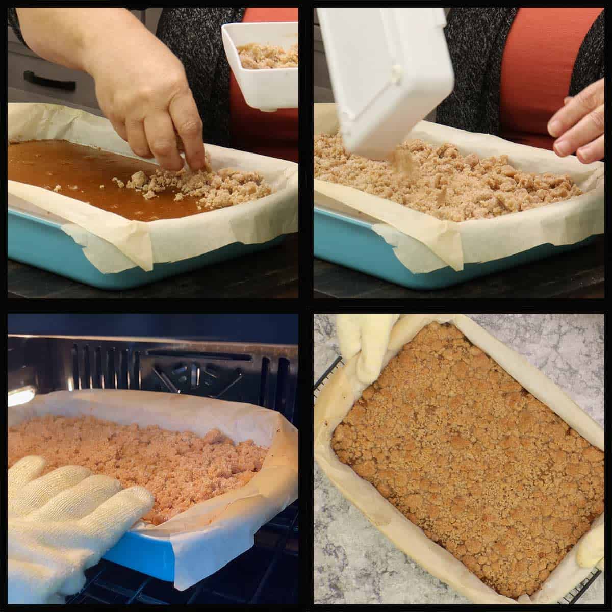 putting the crumble on top, baking it and then cooling it on a cooling rack.