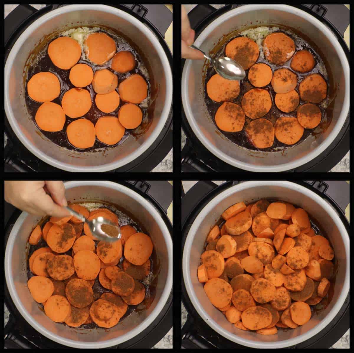 layering sweet potatoes and seasonings in the Ninja Foodi before slow cooking.