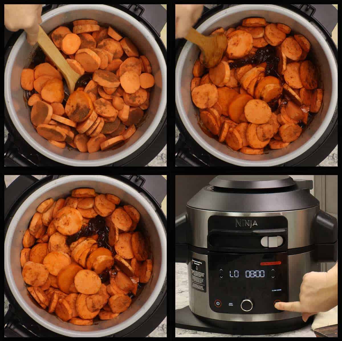 stirring the sweet potatoes before slow cooking.