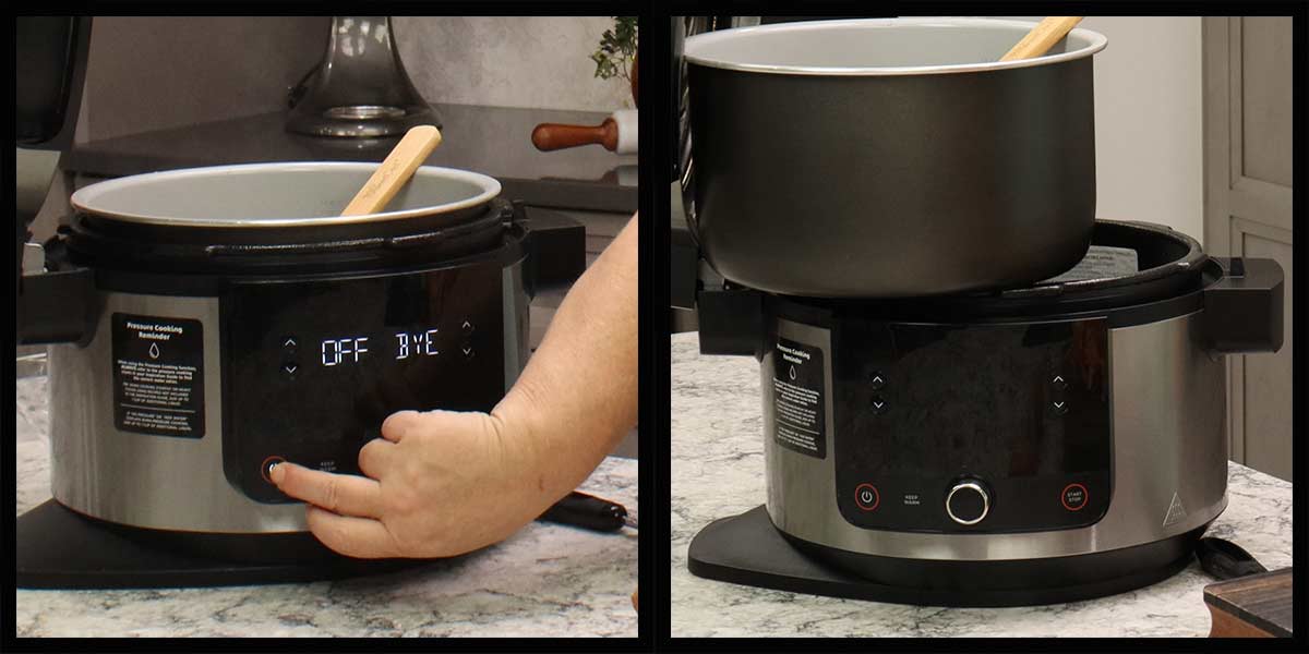 turning the Foodi off and removing the inner pot from the heat.
