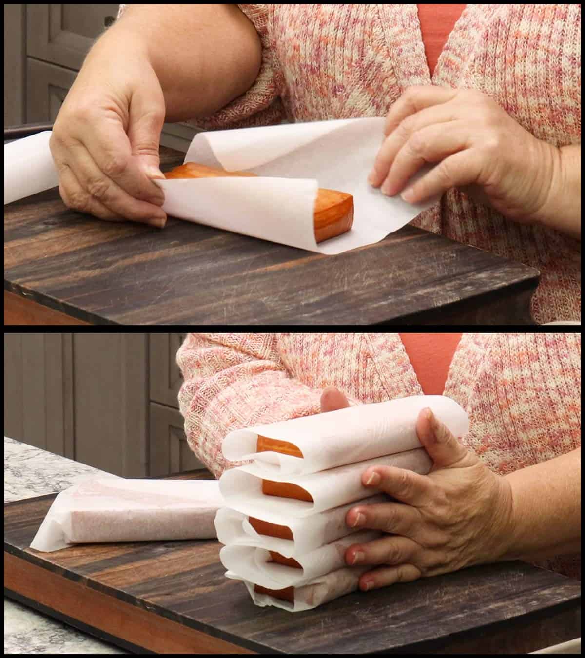 Wrapping cheese in parchment paper.