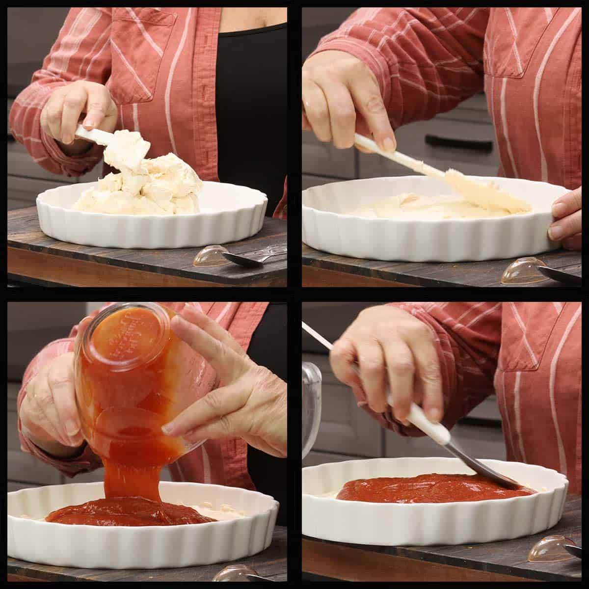 putting the cream cheese and cocktail sauce into the serving container. 