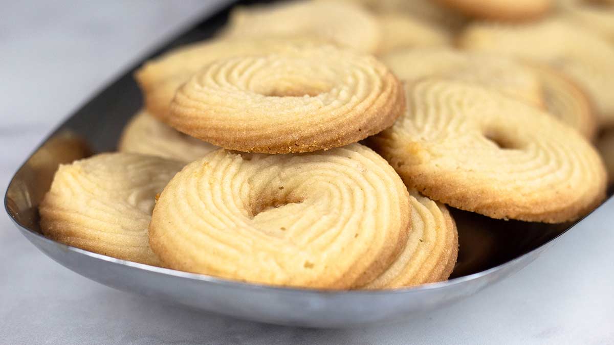 Danish Butter Cookies on silver tray.
