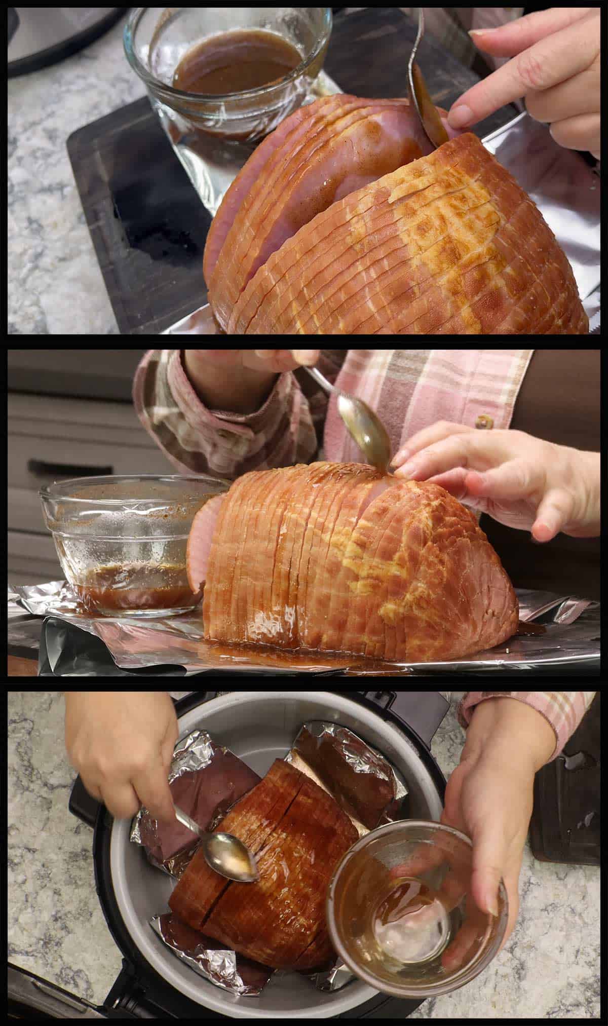 putting honey onto ham before slow cooking.