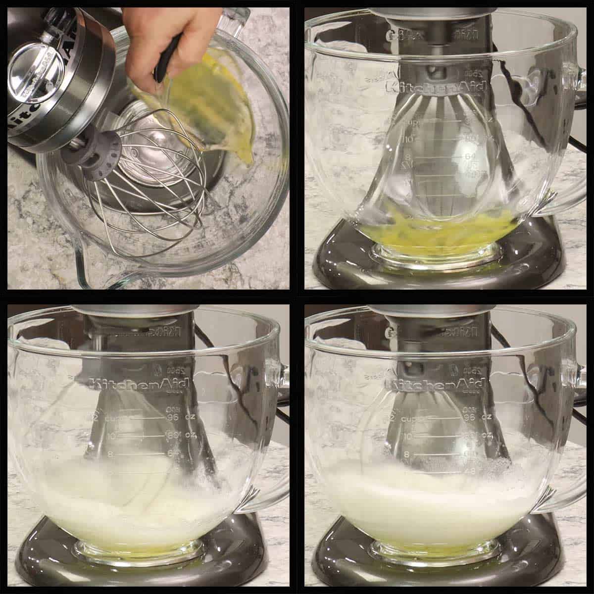 Whisking the egg whites in a stand mixer until they are frothy.