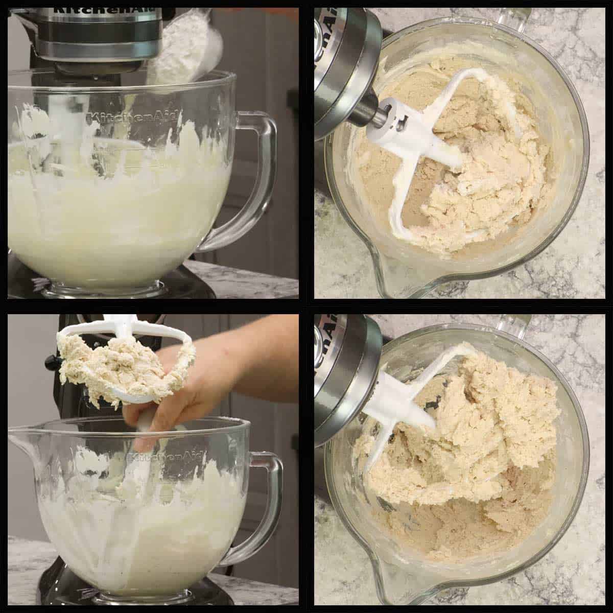 adding the flour to the butter cookie dough.
