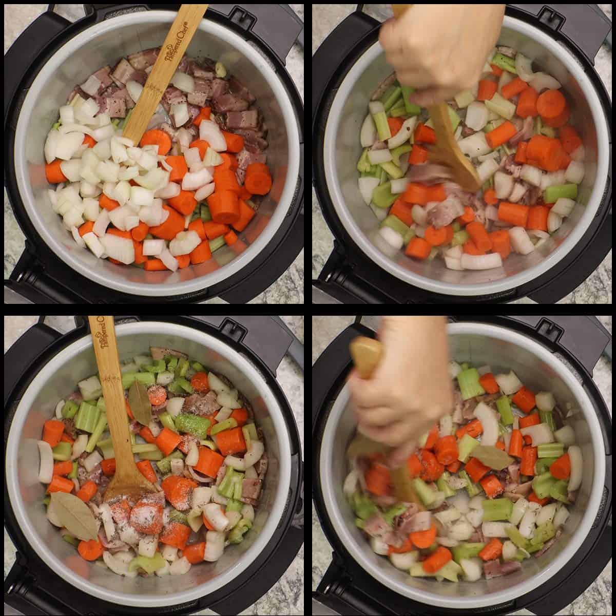 adding the vegetables to the inner pot and stirring.