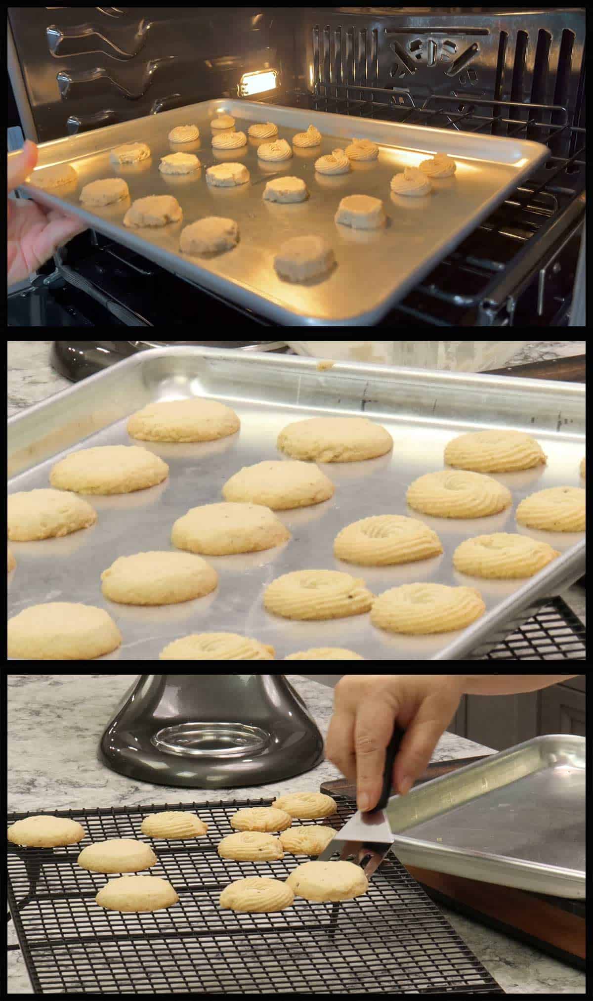 baking the cookies and transferring them to the cooling rack.