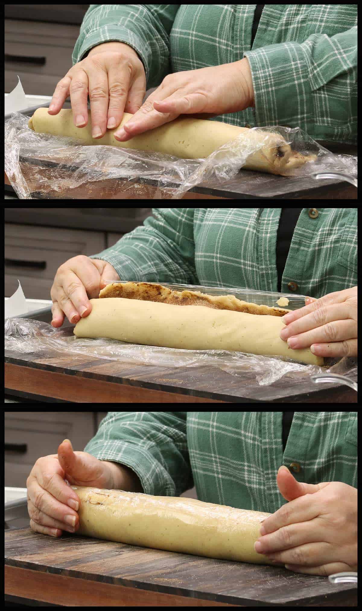 rolling the cookie dough with cinnamon sugar filling into a tight log.