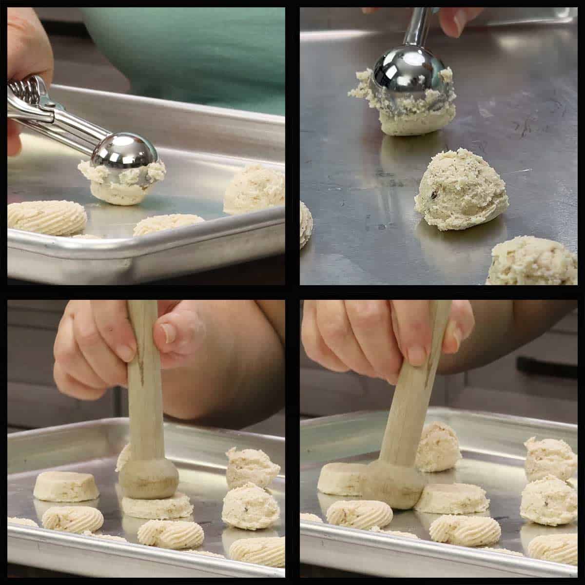 Making round butter cookies with a scoop.