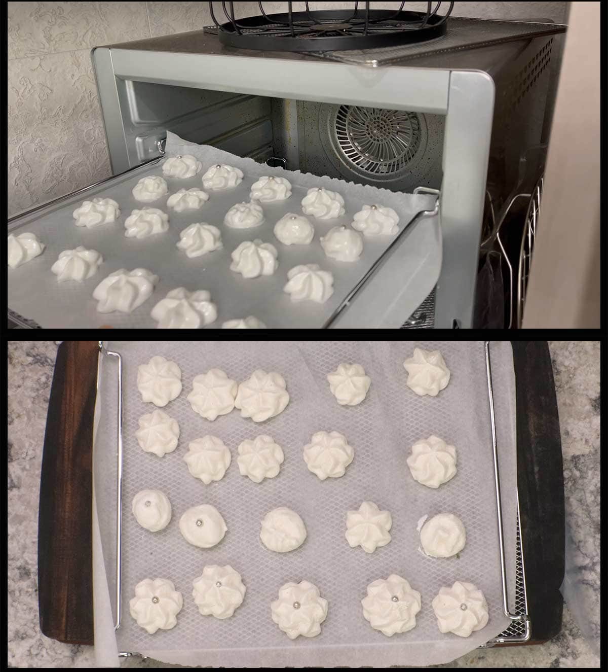 Peppermint meringue cookies made in the XL oven using dehydrate.